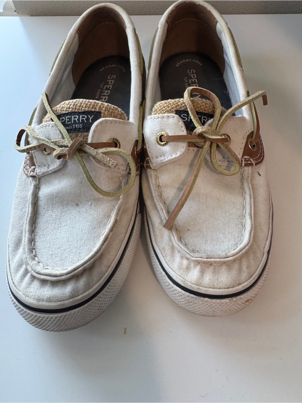 Sperry Off-White Canvas Women’s Boat Shoes with Brown Trim